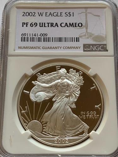 NGC 2002 W AMERICAN SILVER EAGLE PFUC 69 BROWN LABEL