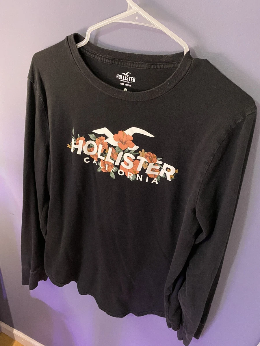 Hollister Women's Medium Black Long Sleeve T-Shirt with Flower Logo Graphic