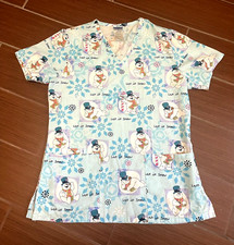  Frosty the Snowman Scrub Top Medium Let it Snow Snowflakes V-Neck Pockets