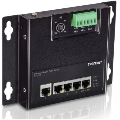 TRENDnet TI-PG50F 5-Port Industrial PoE+ Gigabit wandmontierbarer Front 