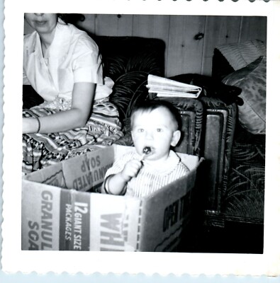 1950s 1960s Baby Sucking Lollipop Sitting Inside Soap Box Vintage Photo