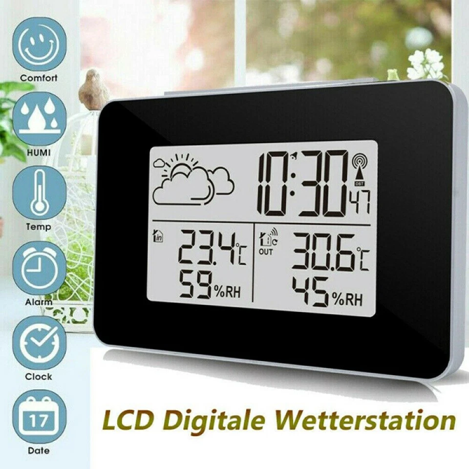 Digital Funkuhr Wetterstation Funkwecker Thermometer Hygrometer mit Außensensor - Bild 4 von 4