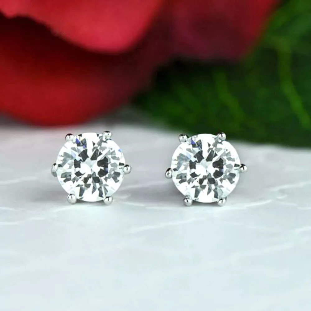 Round 1.00 Ct Genuine Diamond 6 Prongs Studs Earring For Women&