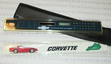 VTG 80s UNUSED CHEVROLET CALCULATOR/RULER/CLOCK W/CASE& 12" CHEVY CORVETTE RULER