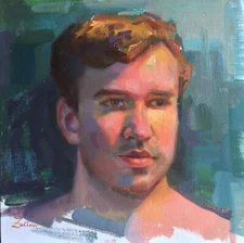 Oil Portrait Painting Young  Man Green Eyes Contemporary Realism Impressionism