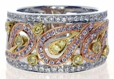 LARGE .67CT WHITE PINK & FANCY YELLOW DIAMOND 18K TRI COLOR GOLD MULTI LEAF RING