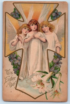 1907 Easter Holy Angels Cross And Lilies Flowers New York NY Antique Postcard