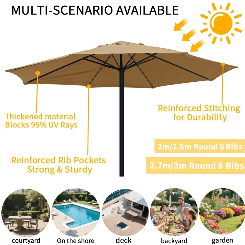 9ft Patio Umbrella Outdoor Aluminum Pole Crank Tilt Round Function Tan Canopy - Image 3 of 4