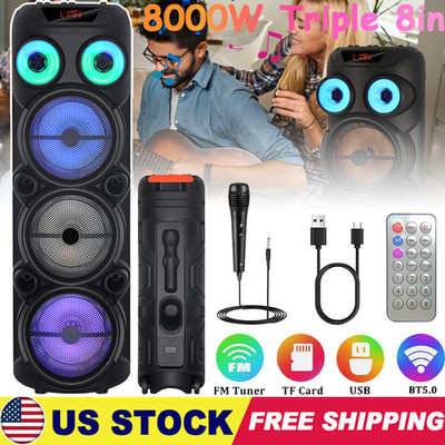 8000W Triple 8'' Portable Party Bluetooth Speaker Heavy Bass Sound System w/Mic