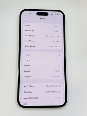 iPhone 14 Pro Max - 256GB - Unlocked - Space Black - 86% Battery