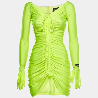 Richard Quinn neongrünes Jersey-Minikleid mit Handschuhen und Rüschen S