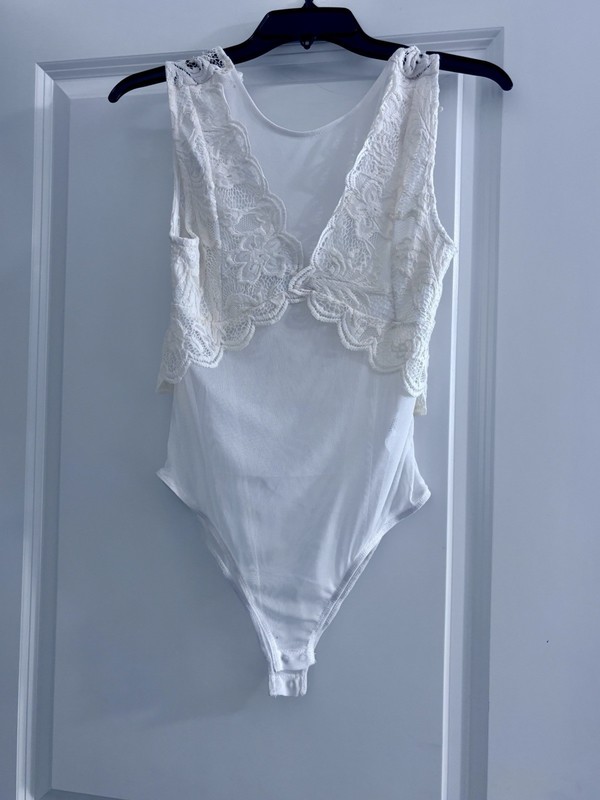 Sexy White Sheer Lace Bodysuit Size Medium