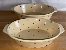 Temp-tations by Tara Cream Stoneware Oval Baking Dish w Polka Dots ~ Set of 2