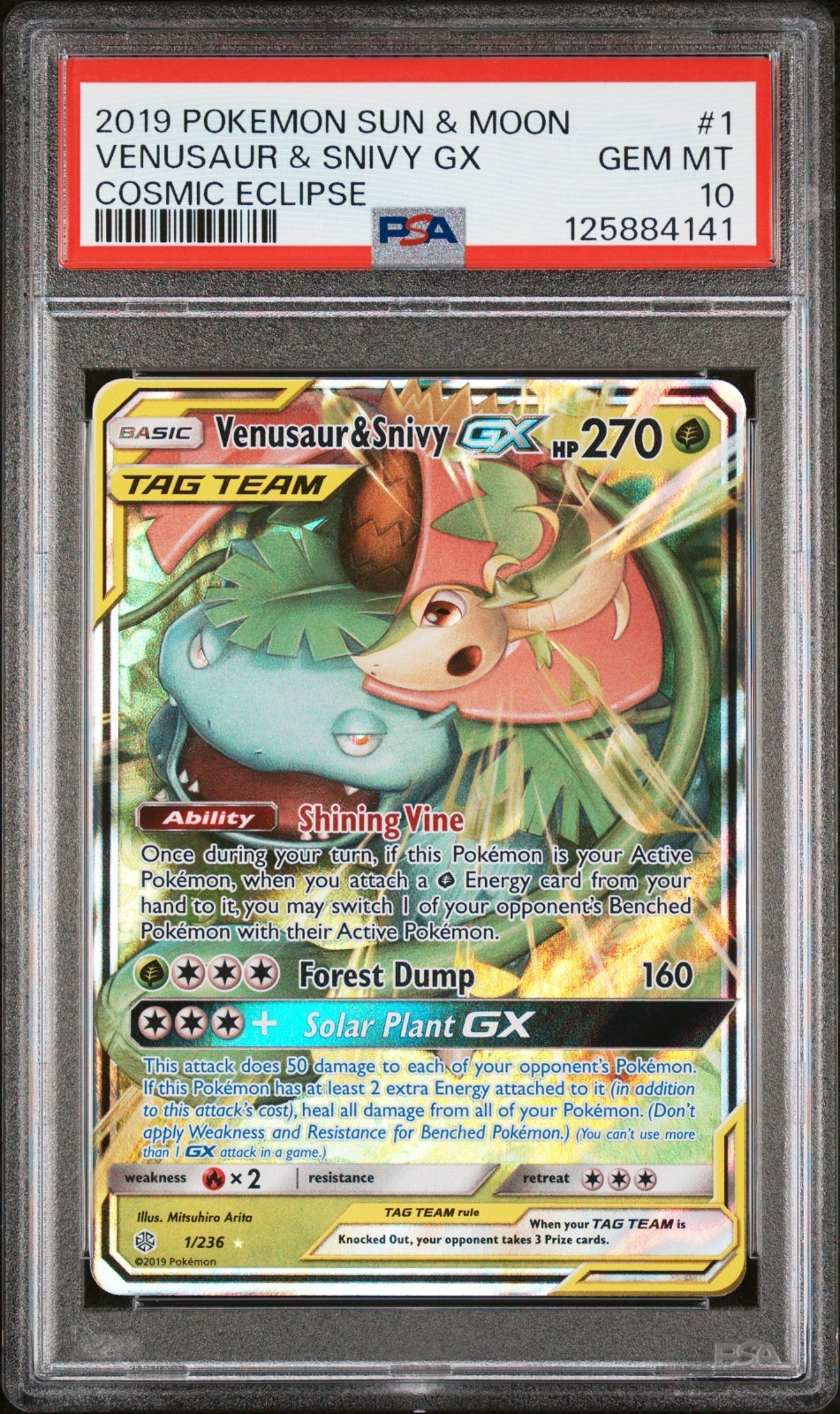 PSA 10 Venusaur & Snivy GX #1 2019 Pokemon SM Sun Moon Cosmic Eclipse