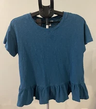 Time And True Cotton With Ruffle Aqua Blue Top Women Large