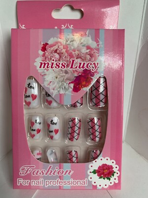 Miss Lucy Fashion Nails 12p Set FULL KIT White base heart LOVE grid
