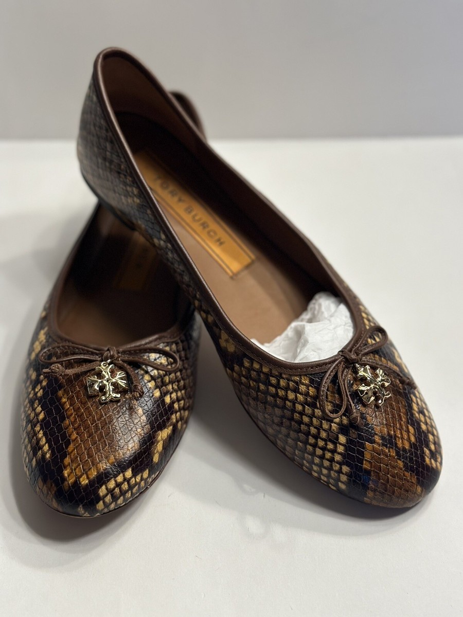チャーム Authentic Tory Burch Charm Ballet Stamp Snake Print Flats Brown