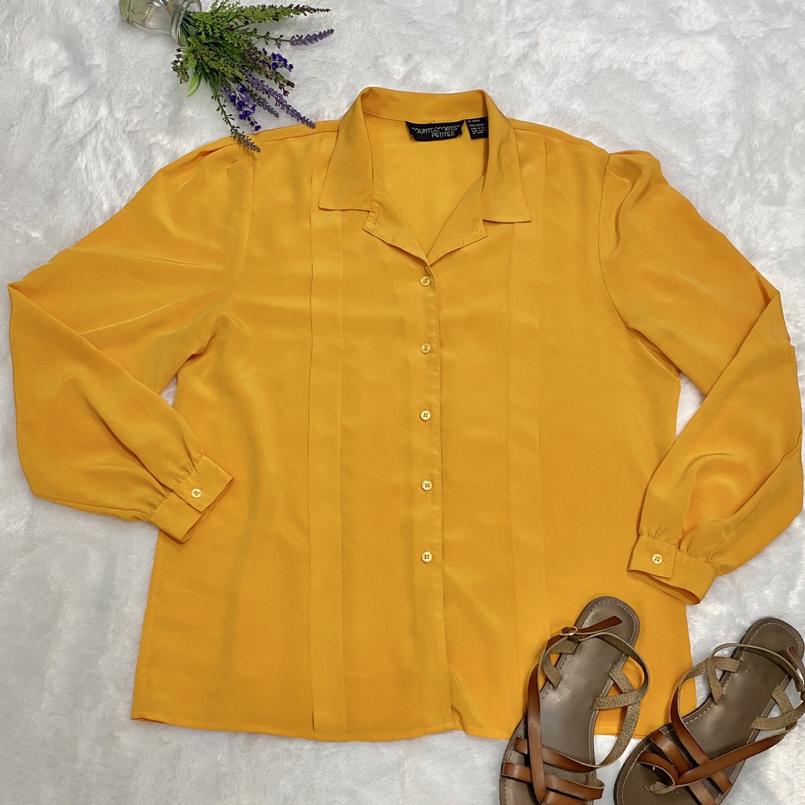Vintage Mustard Yellow Collared Button Up Blouse 12p … Gem