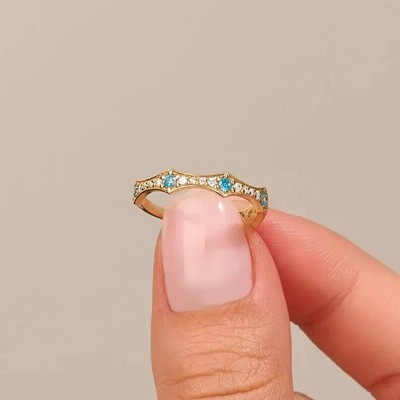 1Ct Round Lab-Created Aquamarine Art Deco Migraine Ring 14K Yellow Gold Finish