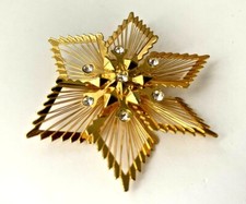 Broche Art Déco Plaquée Or - Étoile Soleil Avec Strass Et Perles - Bijou Vintage