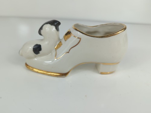 Goldra E. Palestine Dog In Shoe Planter gold trim vintage 2.5" tall figurine - Picture 6 of 11