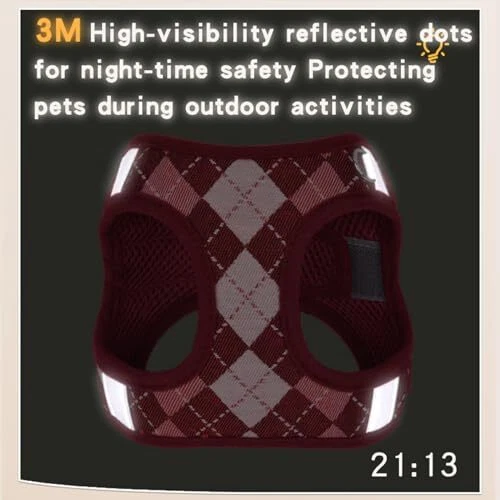 Dog Harness & Leashet Adjustable formall Medium Puppies, No S Checkered-Red
