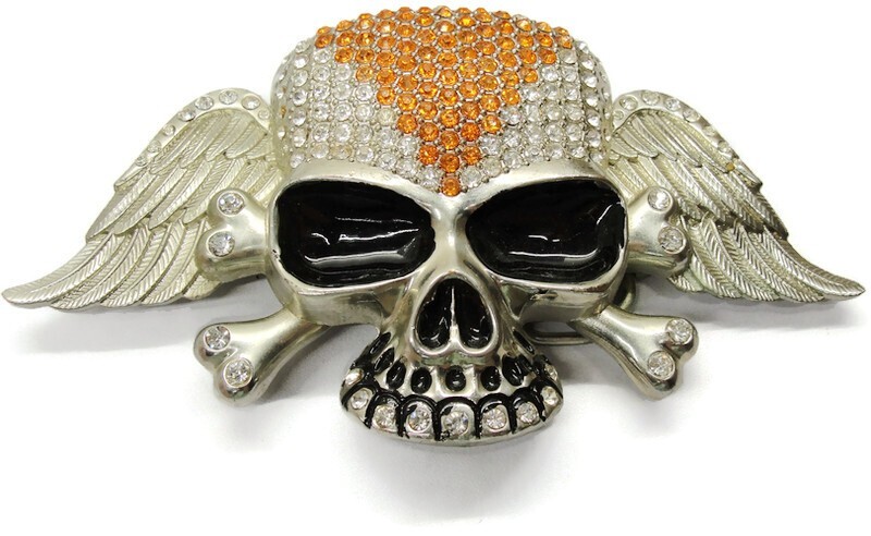 Large Rhinestone White & Orange Covered Skull Belt Buckle | eBay