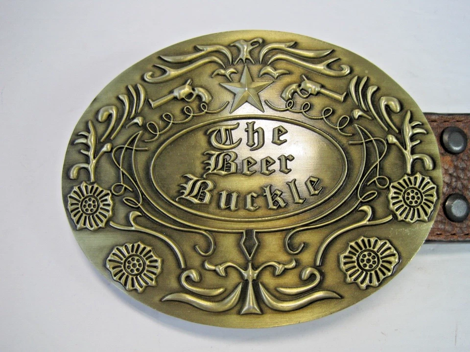 Cinturón para hombre Dan Post cuero marrón superpuesto occidental "The Beer Buckle" talla 42 Foto 2 de 4