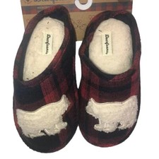 Dearfoams Plush Bear Slip On Kids Slippers Youth 11/12 Memory Foam Red Plaid NEW