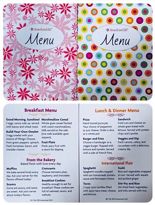 American Girl Doll Dining Restaurant Breakfast Lunch Dinner Menus 4'' x 3'' NEW
