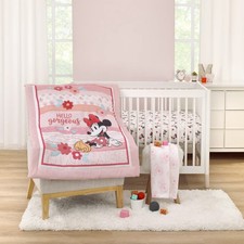Minnie Mouse Hello Gorgeous Pink  White Floral 3 Piece Nursery Crib Bedding Set