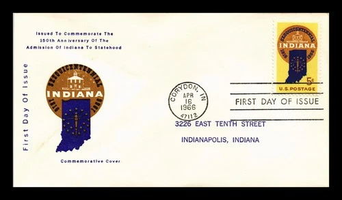 COMMEMORATIVE FIRST DAY OF ISSUE COVER INDIANA SESQUICENTENNIAL 5C POSTAGE