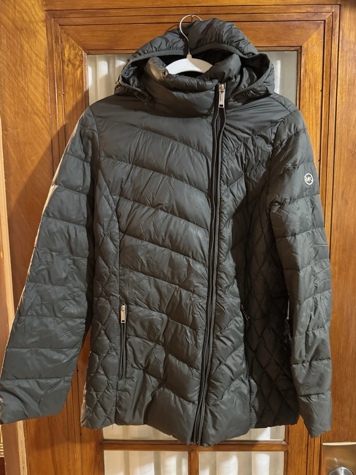 Giubbotto piumino donna Michael Kors verde impacchettabile cappuccio rimovibile taglia M