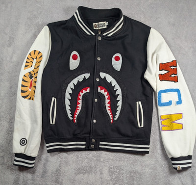 A Bathing Ape Shark Varsity Jacket Youth Size XL Black Tiger WCM Streetwear VTG