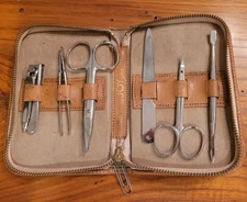 Manicure set, vintage, leather zippered case, De Joy Luxe brand