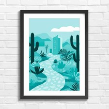 Colorful Desert Cactus Village Landscape Teal Framed Wall Art Print Large