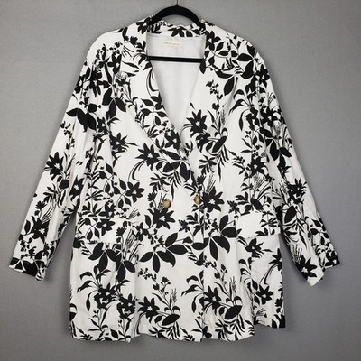 Standards & Practices Women's 2X Floral Print Blazer Jacker White Black Longline