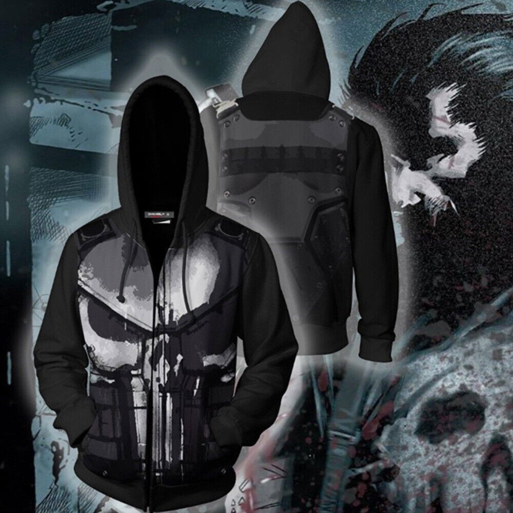 Frank Castle Punisher Zipper Coat Hooded Jacket Pullover Sweatshirts Tops Male