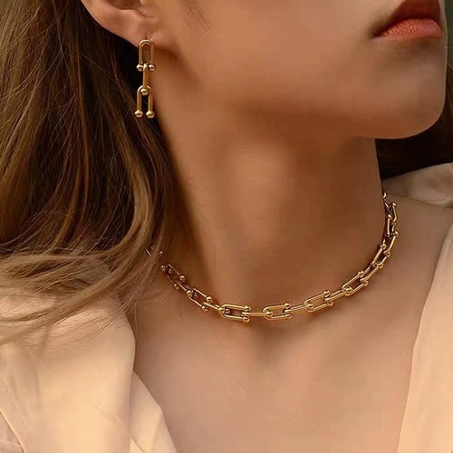 316l Stainless Steel U-shape Thick Chain Necklace Bracelet Earrings Set Jewelry - Picture 9 of 28