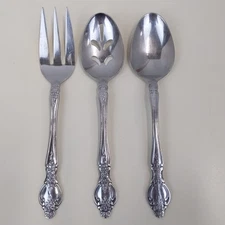 Rogers Co Stainless Korea Rose Floral Serving Set Meat Fork Pierced Spoon 3 Pc