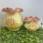 Set of 2 - Vintage Hand Painted Fenton Burmese Glass Ruffled Vases 7" +  4"