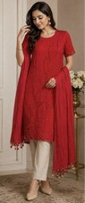 Red Embroidered Kurta with Dupatta Elegant Party Formal Tunic Set