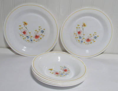 3 Vintage Arcopal France Arc Summer Meadow Dinner Plates and Soup Bowls Lot