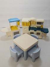 Vintage Little Tikes Dollhouse Country Kitchen Set Island Table 4 Blue Chairs