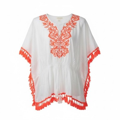 Do Everything In Love White Neon Orange Embroidered Tassel Kaftan Top One Size