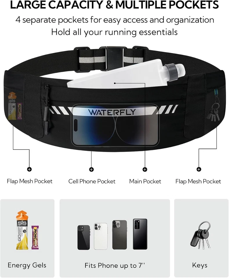 WATERFLY Running Belt: Breathable 4-Pocket Waist Pack for Sports. Fits All Phone - Image 3 of 4