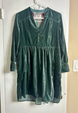 HOLDING HORSES Velvet Long-Sleeve V-Neck Dress, Dark Green, Pockets, Women’s XXS