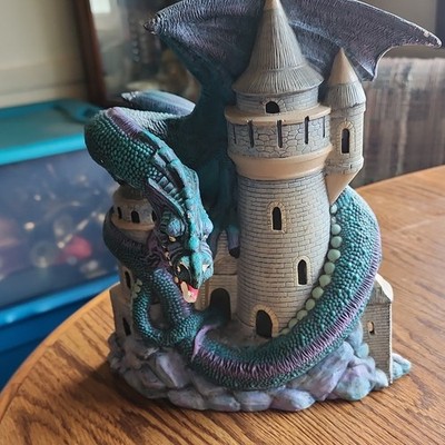 Fantasy Dragon Wrapped Around Castle Statue Figurine Blue/Green Decor