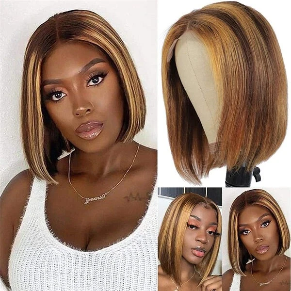 New Short Bob Cut Lace Front Brown 100 Human Hair Wig Mixed Blonde Highlights