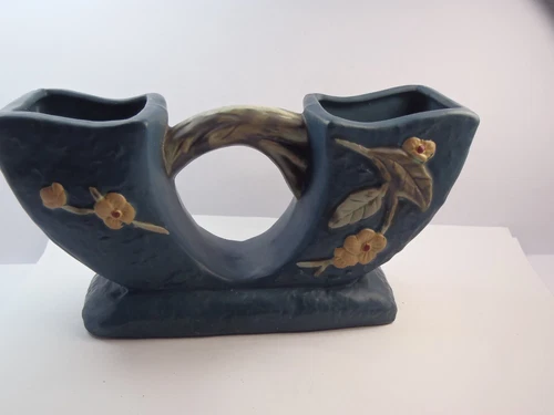 Reproduction Roseville Pottery Apple Blossom Blue 2 Sided Planter Vase 757 4"